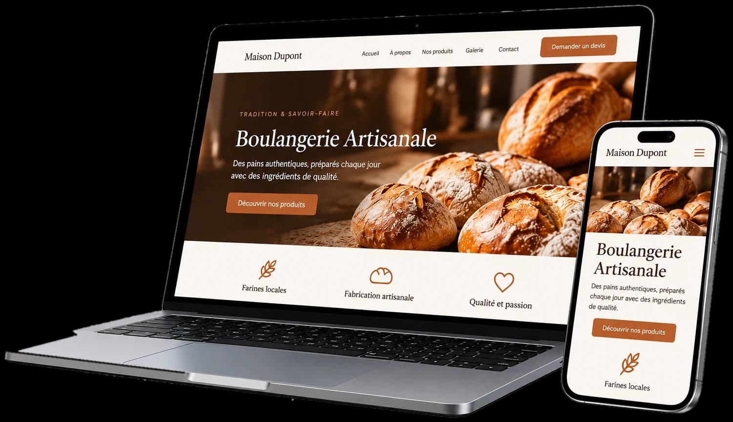 Exemple de site vitrine pour une boulangerie artisanale, sur ordinateur et sur téléphone